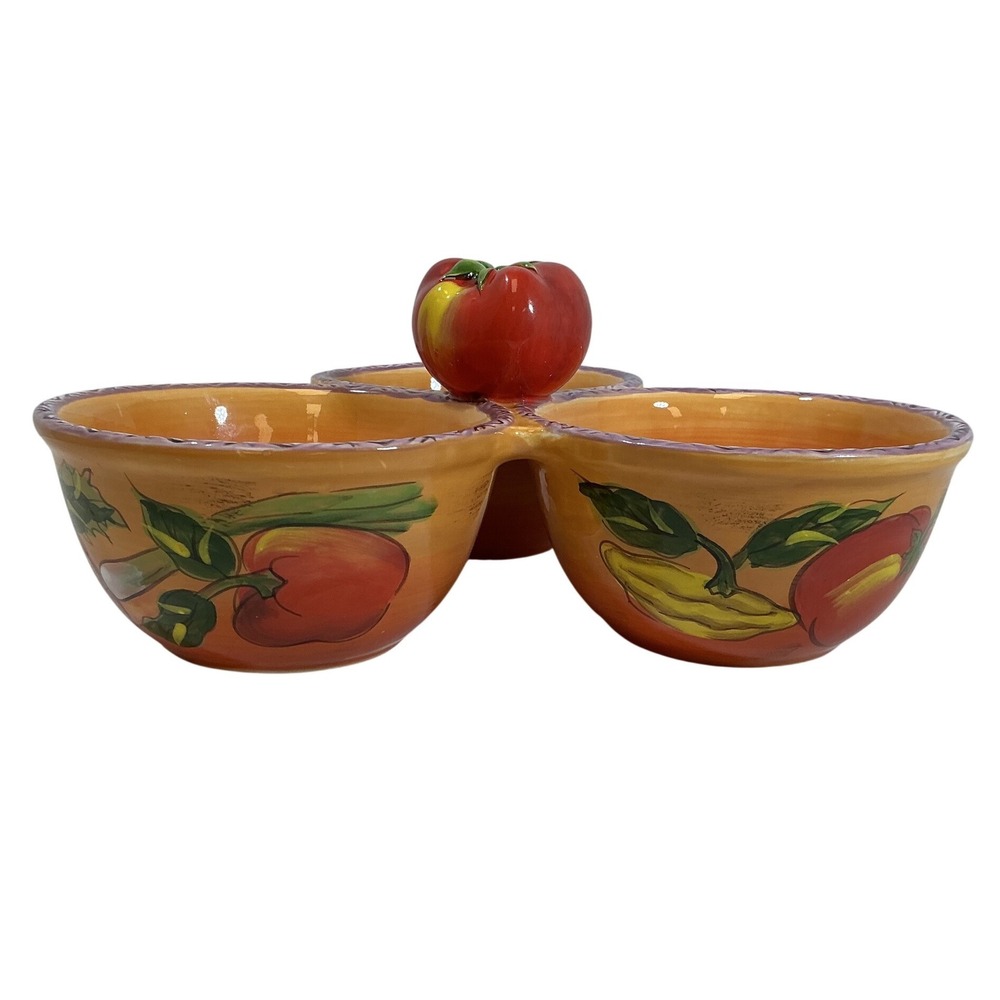 Clay Art Ceramic 3-Bowl Condiment Server Hand Painted Tomato Vegetable Motif